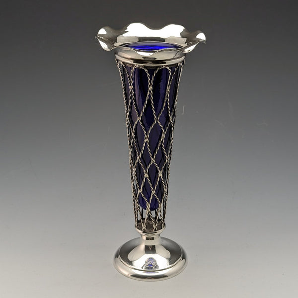1906年 英國古董 純銀製 花瓶 鈷藍玻璃內膽 單枝花瓶 Thomas Bradbury